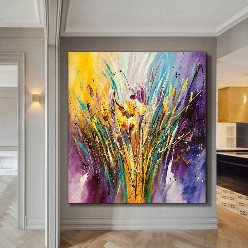 Yellow Flower Abstract Painting Original Contemporary Purple Fine Art on Canvas Federations by Maitreyii- MADE-TO-ORDER - LargeModernArt