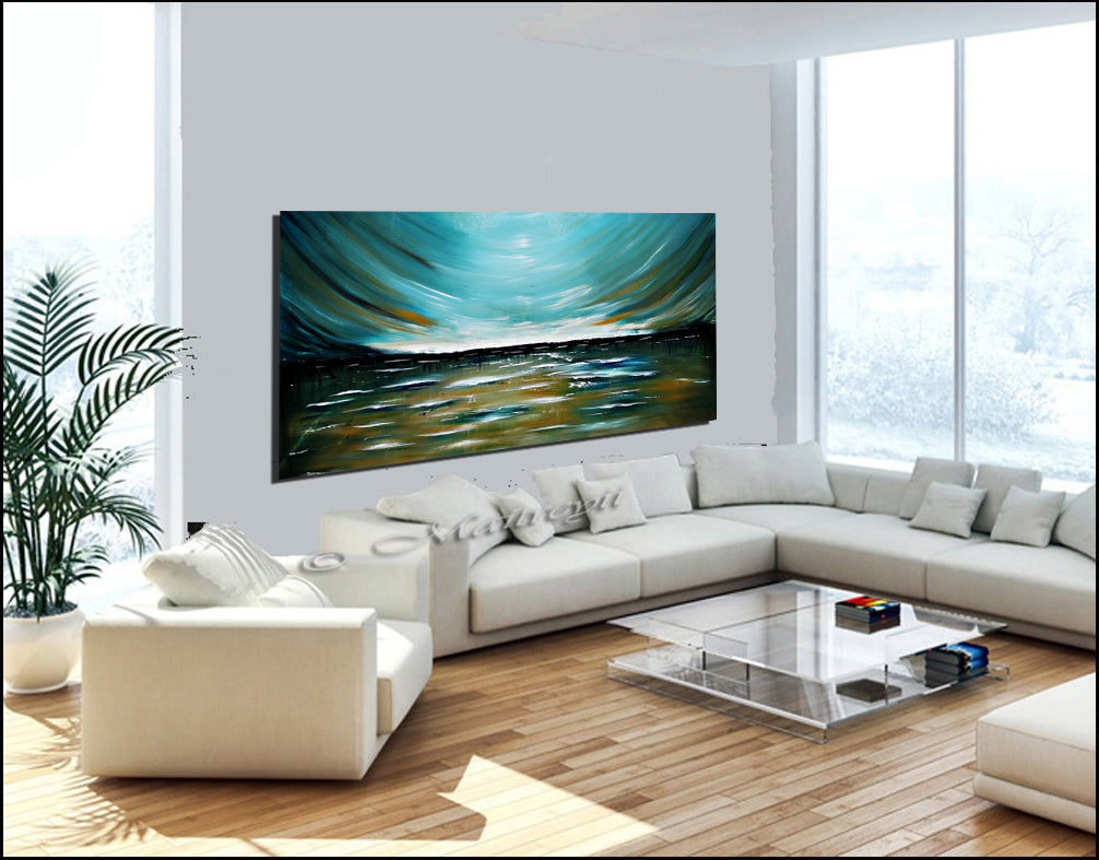 Teal Morning Modern Abstract Art on Canvas Wall Art Original Paintings For Sale - LargeModernArt