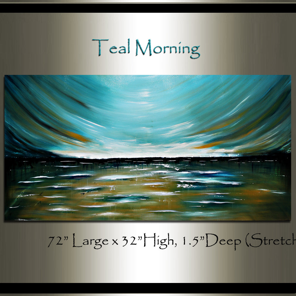 Teal Morning Modern Abstract Art on Canvas Wall Art Original Paintings For Sale - LargeModernArt