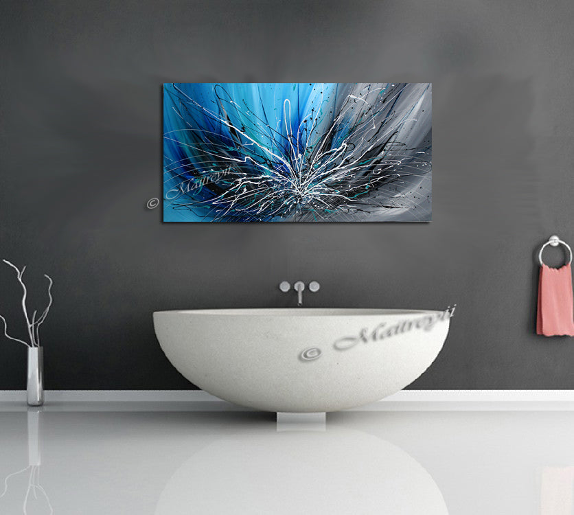 Abstract Art Blue Wall Art Large Painting on Canvas Modern Home Decor - Winter Blossom - LargeModernArt