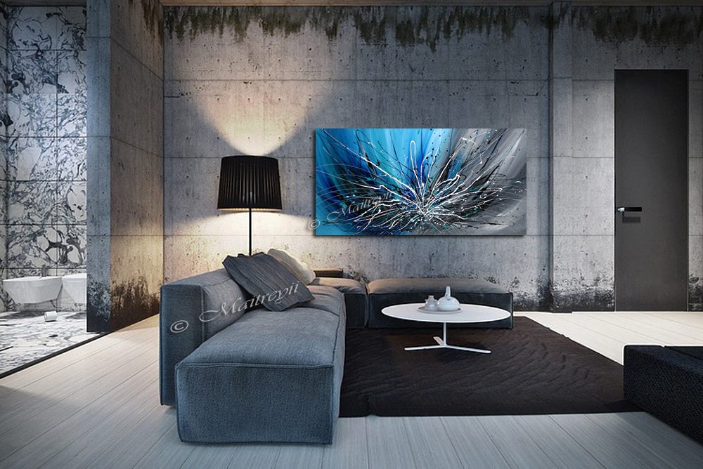 Abstract Art Blue Wall Art Large Painting on Canvas Modern Home Decor - Winter Blossom - LargeModernArt