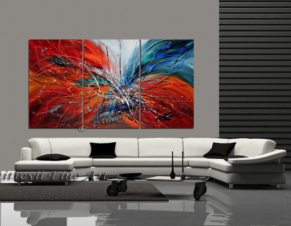 Holiday Gift Christmas Decor Set of Three Abstract art Large Painting Wall Art- Fall in Love