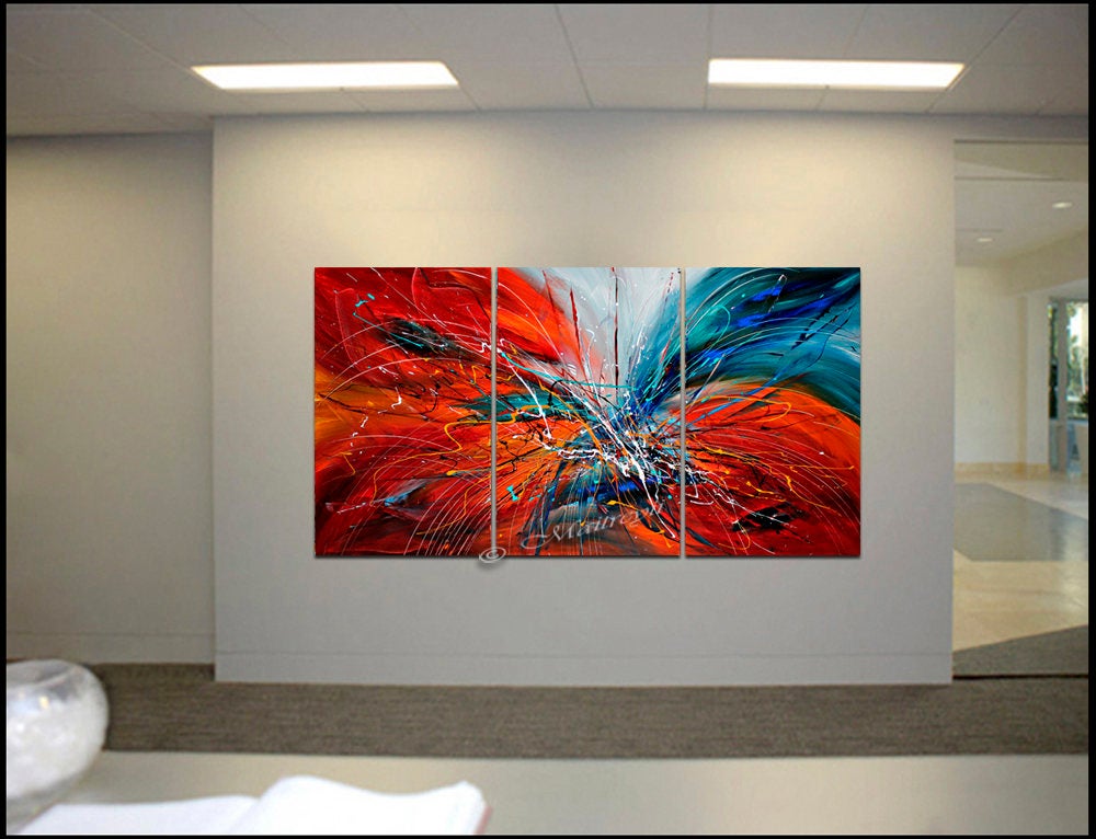 Holiday Gift Christmas Decor Set of Three Abstract art Large Painting Wall Art- Fall in Love