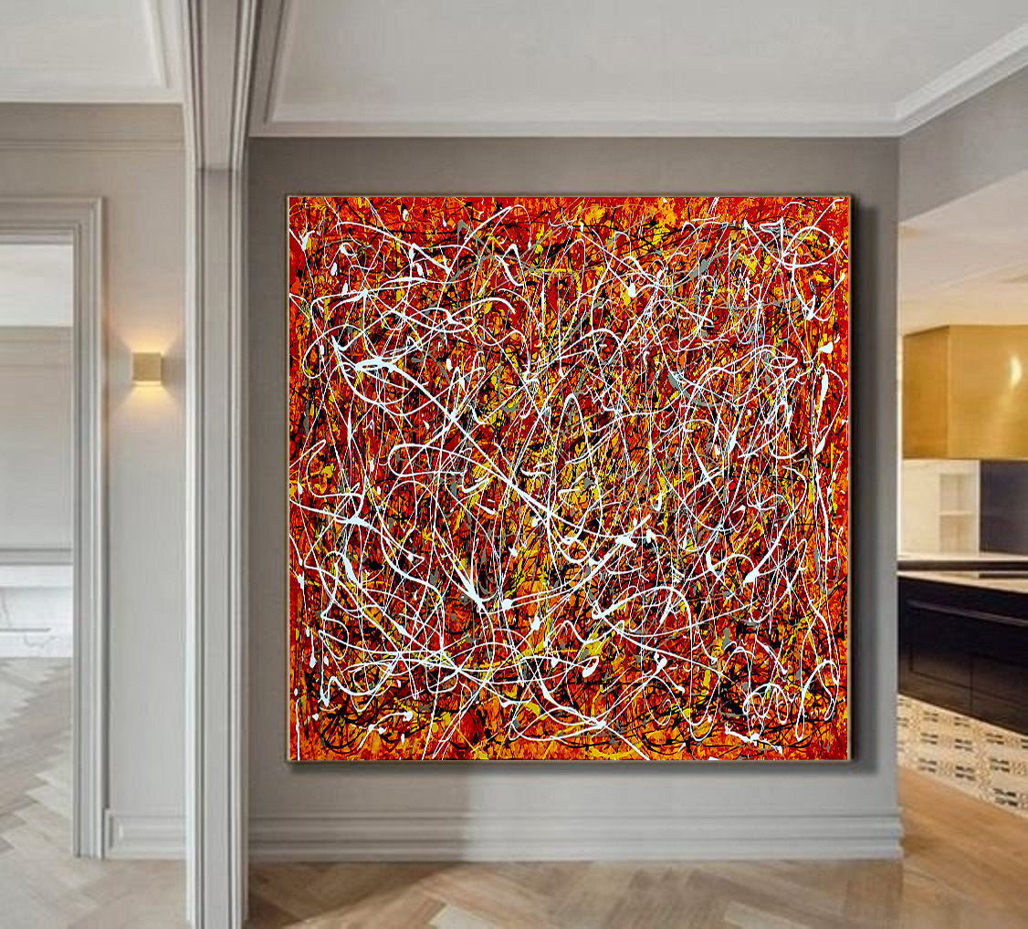 Red Painting Jackson Pollock Style Large art Vintage Style - Modern Wall Art - Red Vintage - LargeModernArt