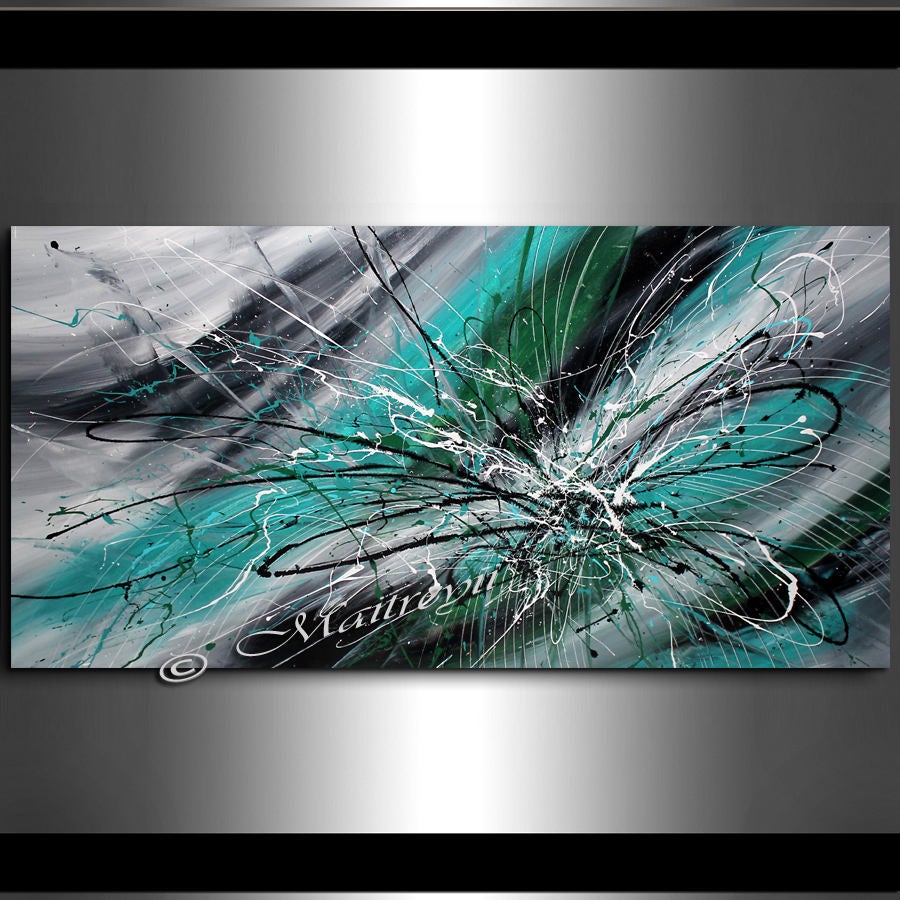 Painting Jackson Pollock Multiple Size Drip Style Abstract art on Canvas, large Wall Art - Turquoise Beauty - LargeModernArt