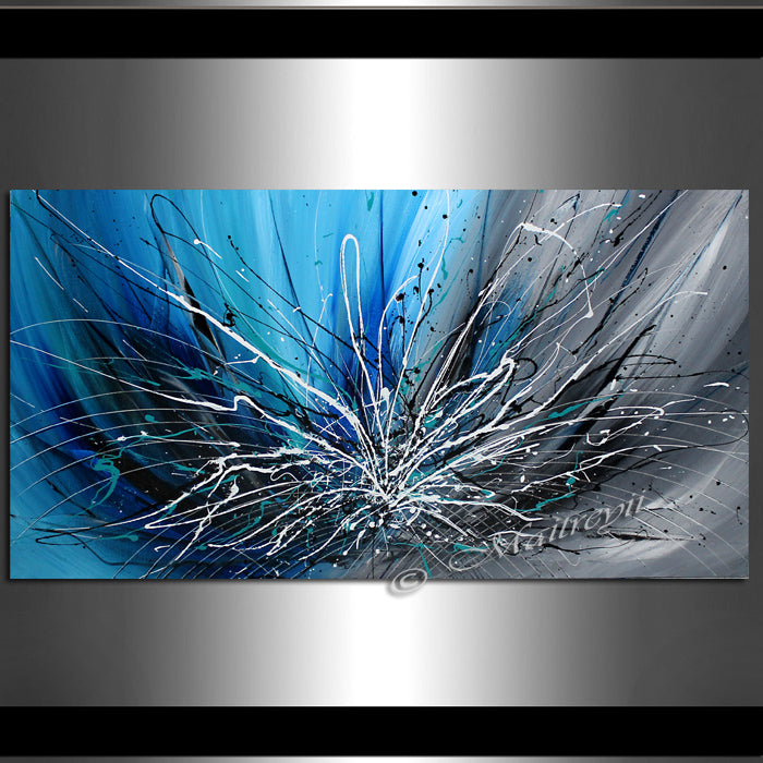 Abstract Art Blue Wall Art Large Painting on Canvas Modern Home Decor  - Winter Blossom - LargeModernArt